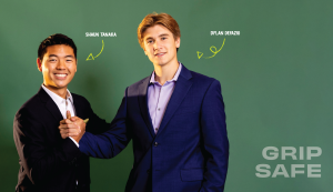 Grip Safe founder and CEO Shaun Tanaka (left) and lead engineer Dylan DeFazio (right) standing in front of a green background with graphics that identify their name and company.