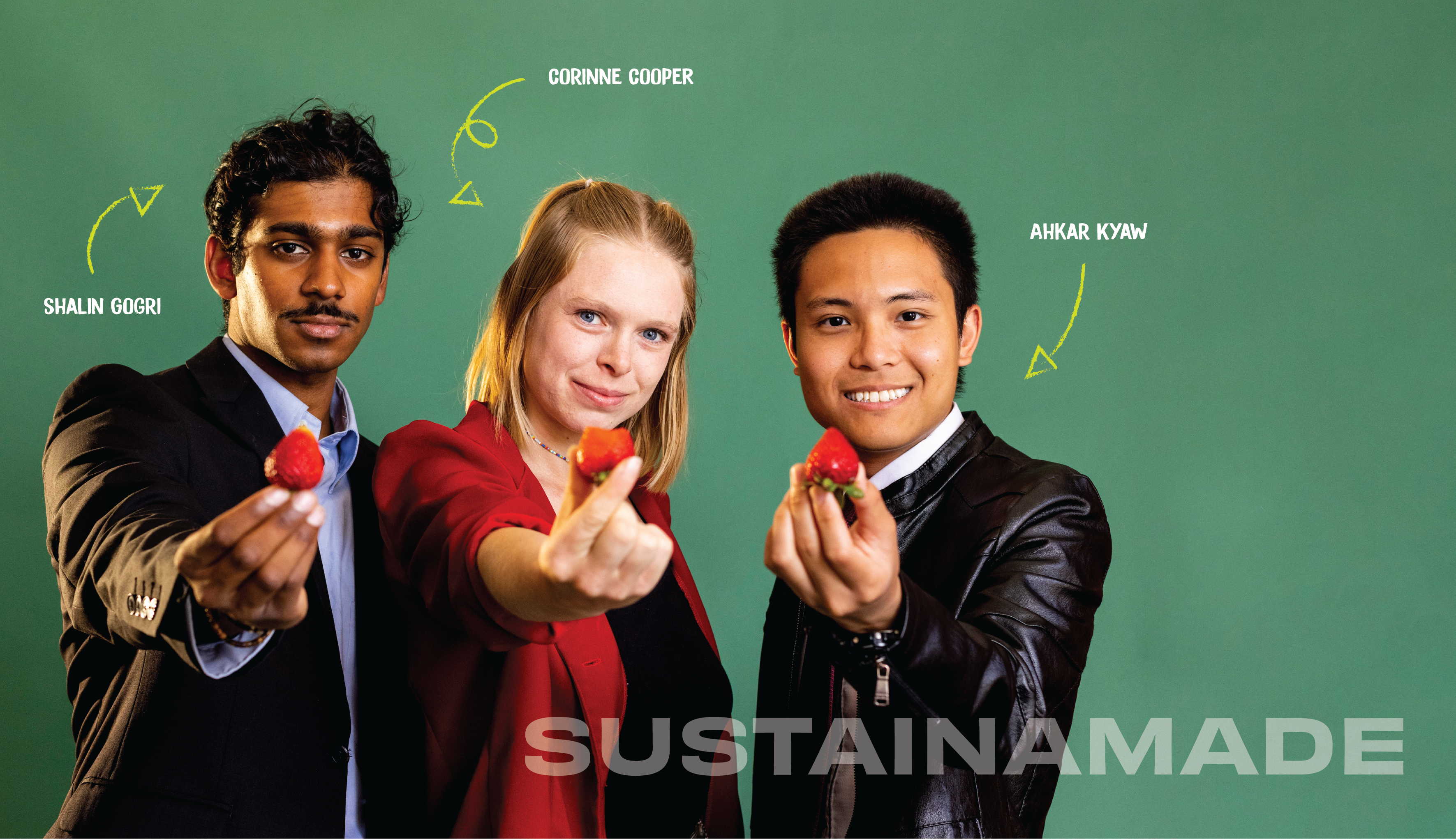 Sustainamade co-founders (left to right) Shalin Gogri, Corinne Cooper and Ahkar Kyaw holding strawberries in front of a green backdrop.