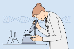 A graphic of a woman in a lab coat looking into a microscope. The microscope is on a table alongside two beakers.