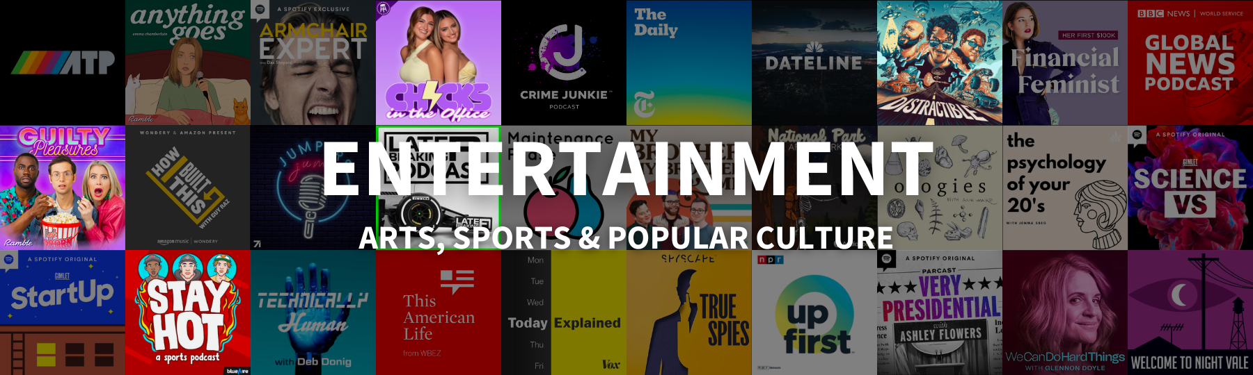 A graphic that says "Entertainment: Arts, Sports & Popular Culture" with a collage of podcast covers in the back.