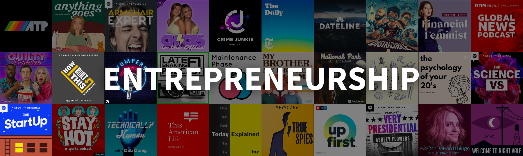 A graphic that says "Entrepreneurship" with a collage of podcast covers in the back.